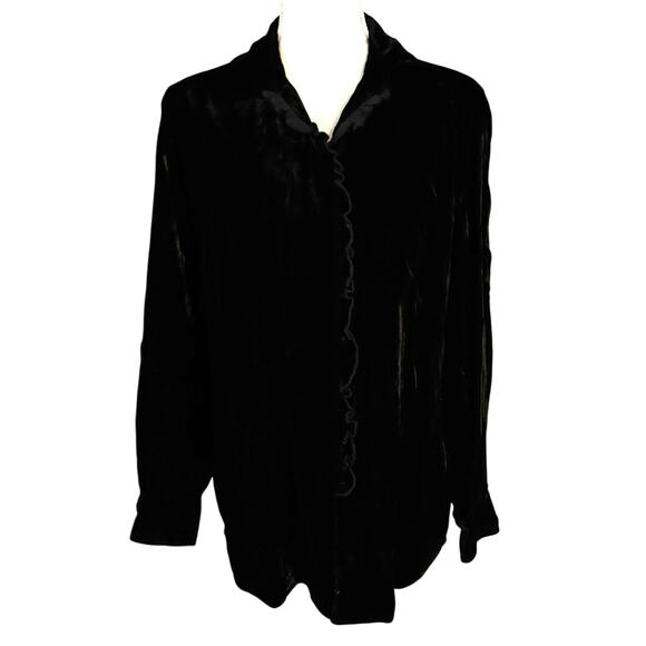 J Jill Size S Black Velvet Button Front Top Blouse Ruffled Long Sleeves - Picture 1 of 5